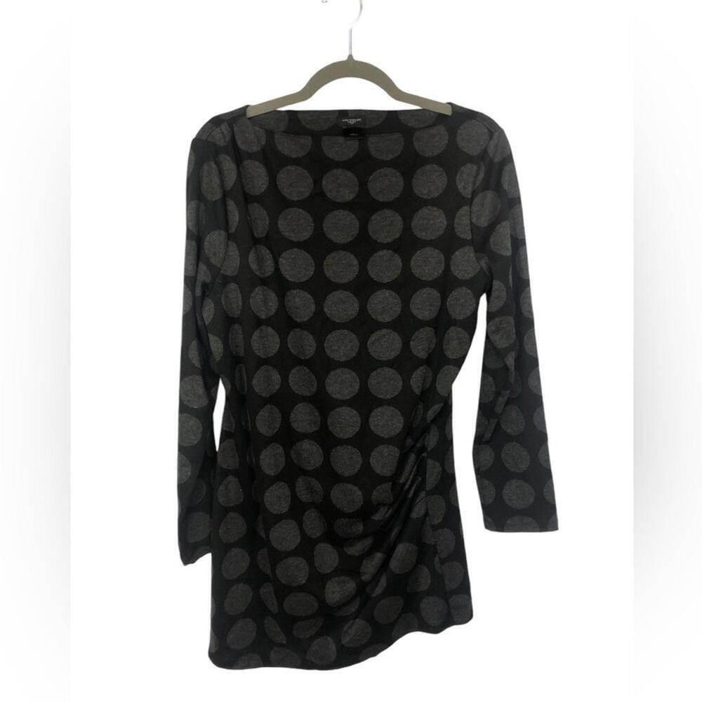 Ann Taylor Mini Dress/Tunic Gray Dots on Black Asymmetrical Ruching Long Sleeve
